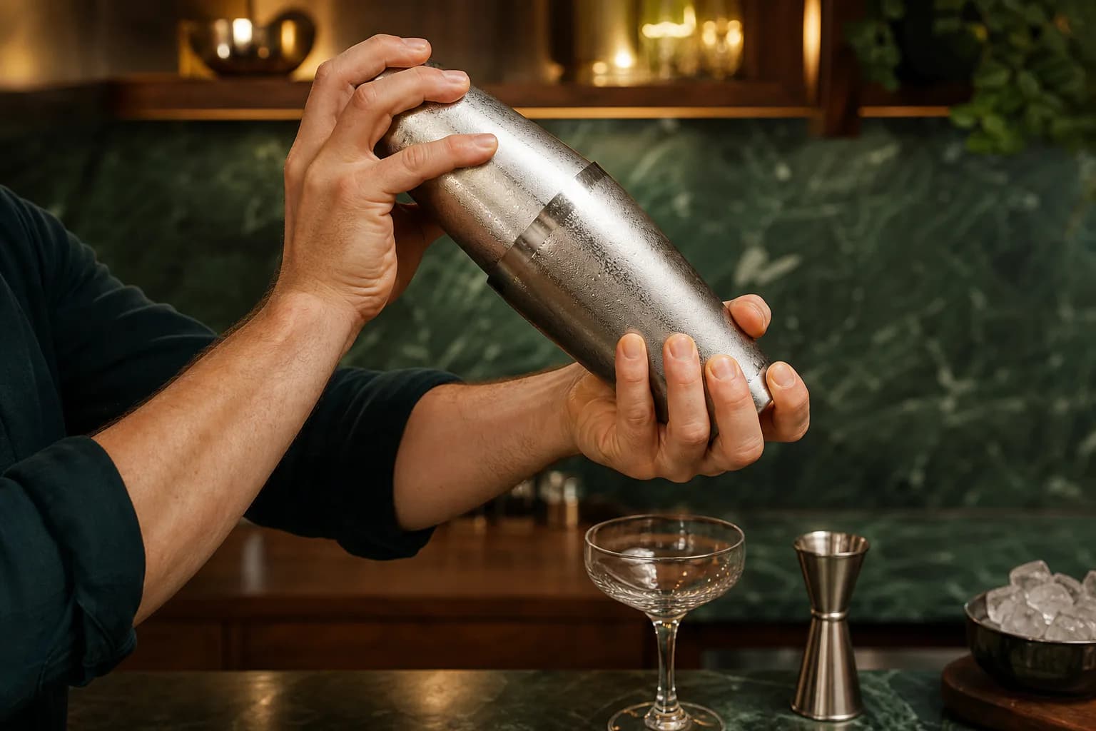 Hands holding both ends of a frosted two-tin cocktail shaker above a prepared home bar.