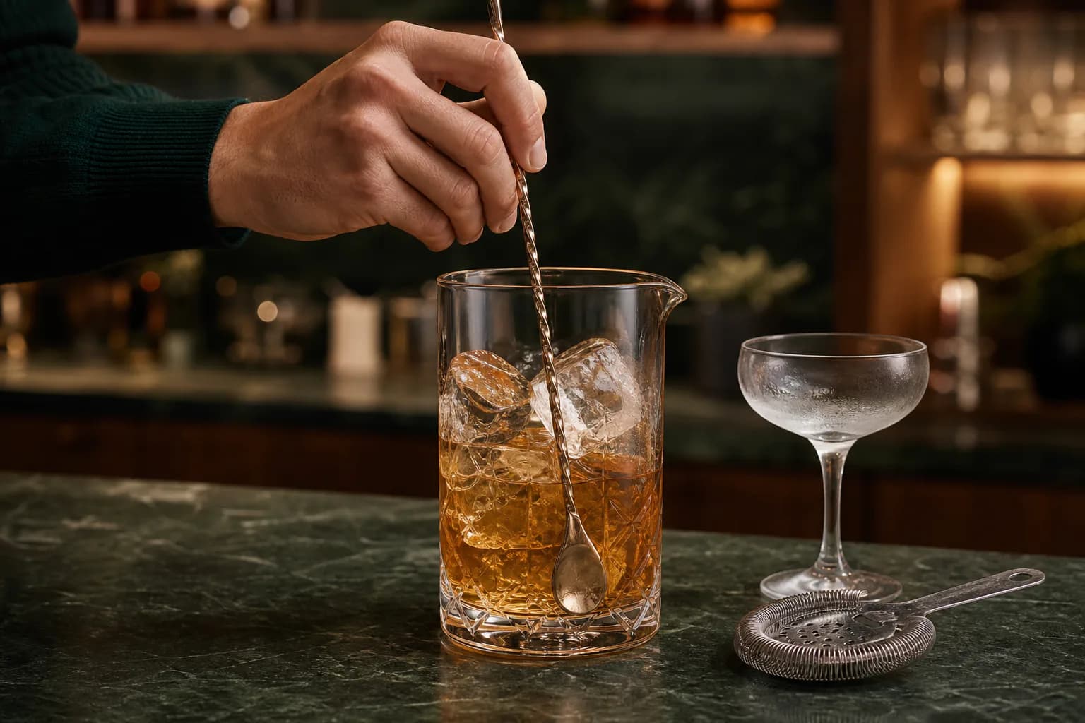 A bar spoon moving smoothly around clear ice in a chilled mixing glass.