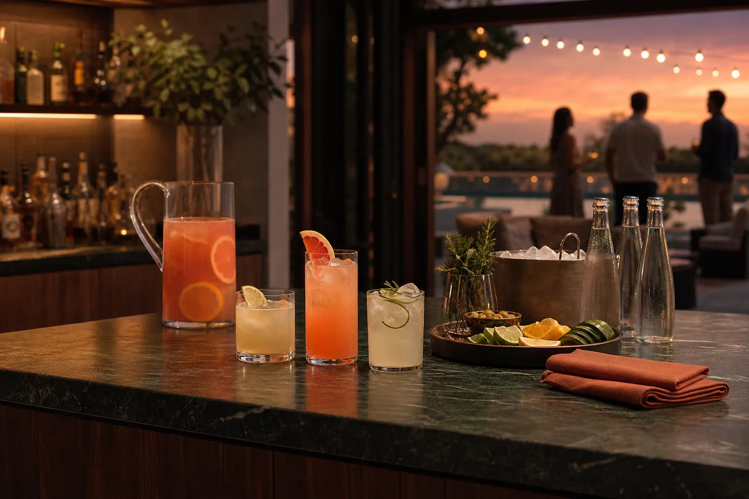 A prepared home cocktail station with three drinks, batch pitcher, separate ice and garnishes at sunset.