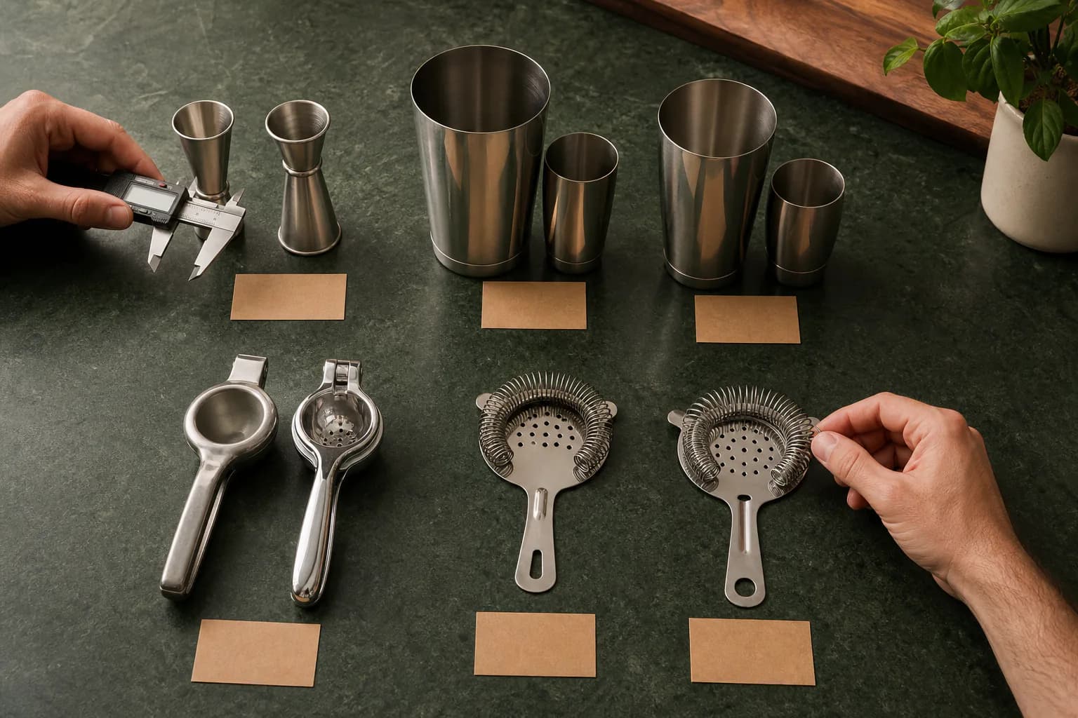 Unbranded jiggers, shaker tins, strainers and citrus presses arranged for practical comparison.