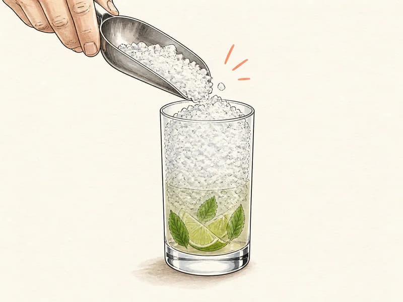 Instructional sketch: Add crushed ice to the highball glass.