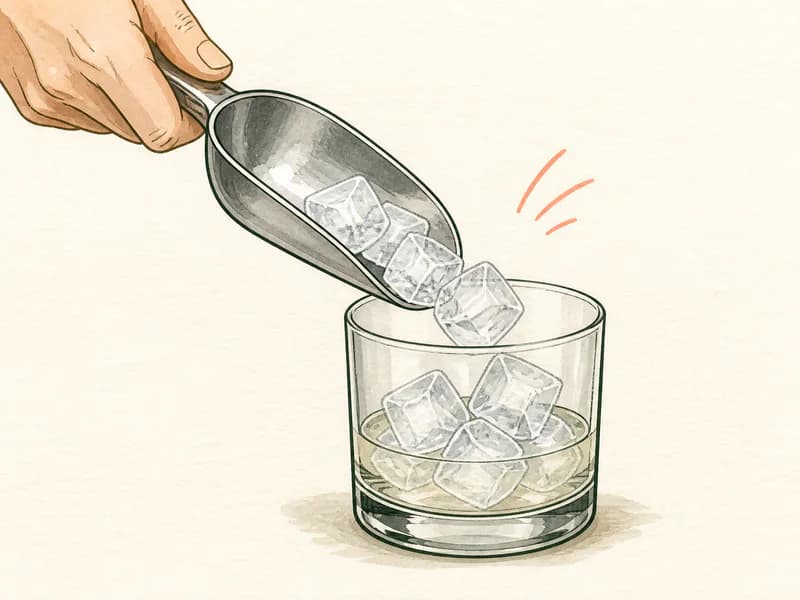 Instructional sketch: Add cubed ice to the rocks glass.