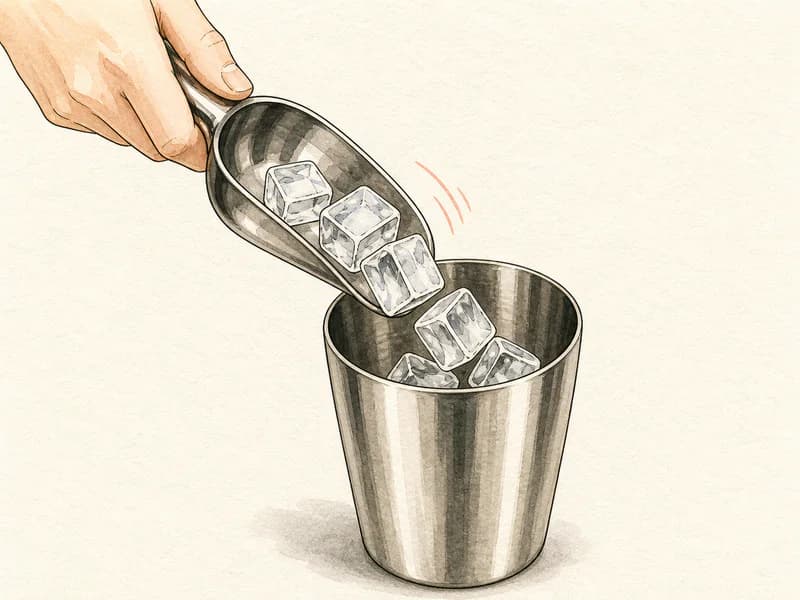 Instructional sketch: Add cubed ice to the shaker tin.