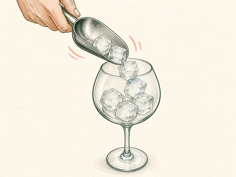 Instructional sketch: Add cubed ice to the large wine glass.
