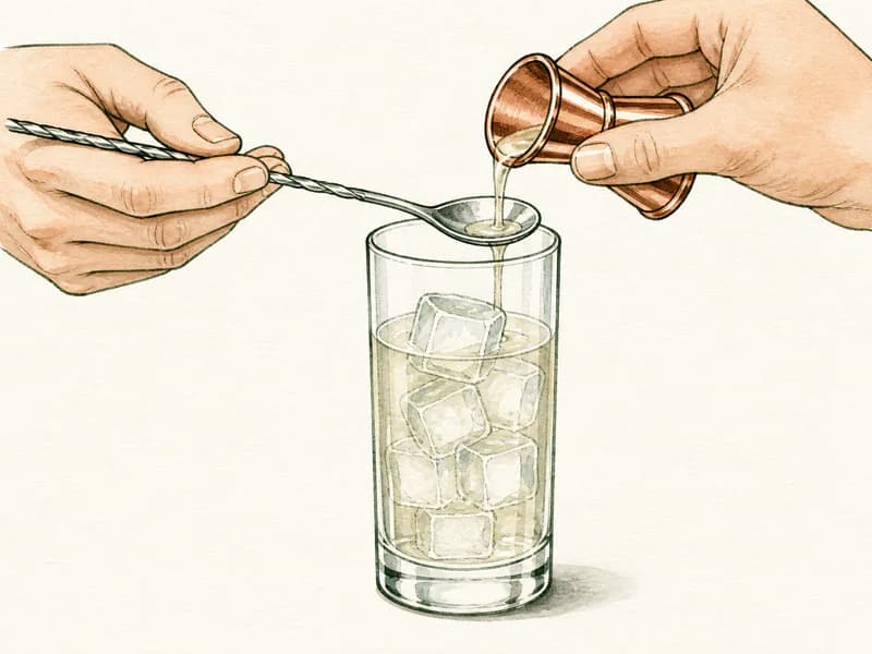 Instructional sketch: Float spirit rum gently over the orange drink in the highball glass with cubed ice.