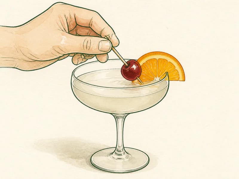 Instructional sketch: Finish the orange drink in the coupe glass without serving ice with Cherry, Orange Slice.