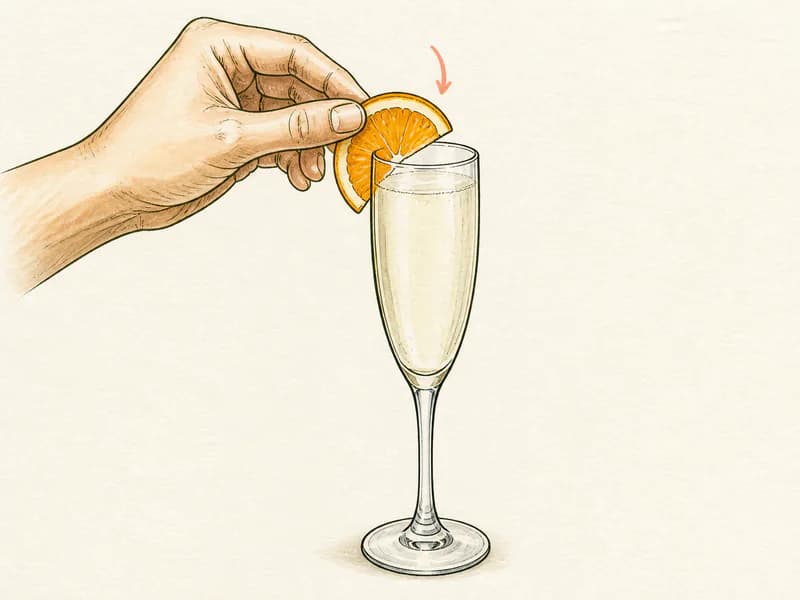 Instructional sketch: Finish the orange drink in the champagne flute without serving ice with Orange Slice.