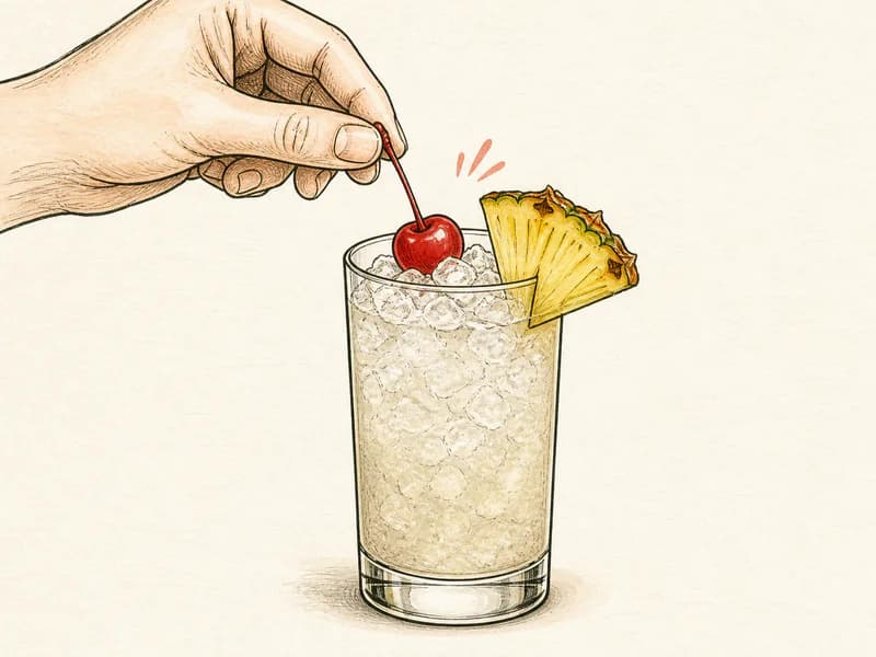 Instructional sketch: Finish the gold drink in the highball glass with crushed ice with Cherry, Pineapple Wedge.