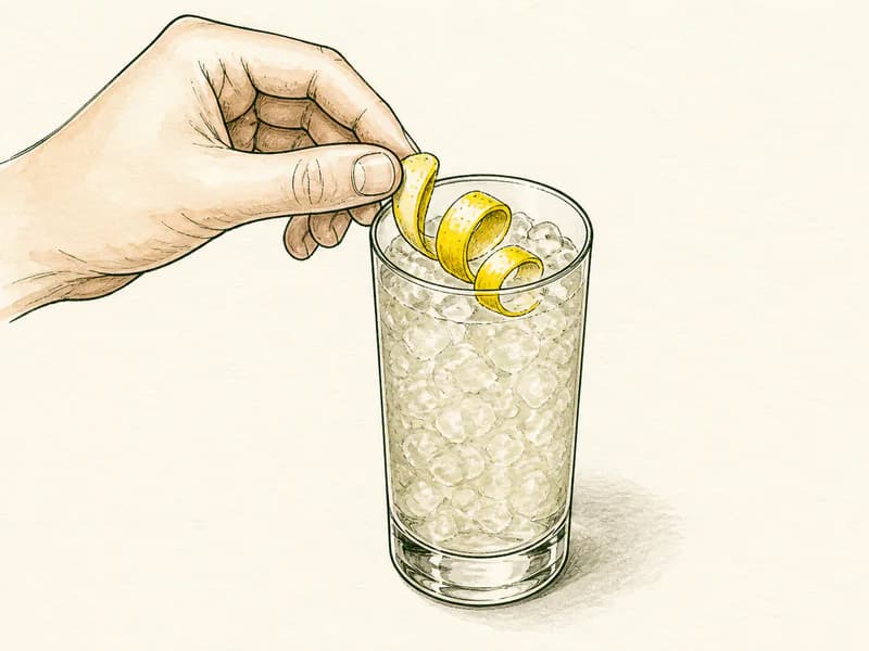 Instructional sketch: Finish the orange drink in the highball glass with crushed ice with Lemon Twist.