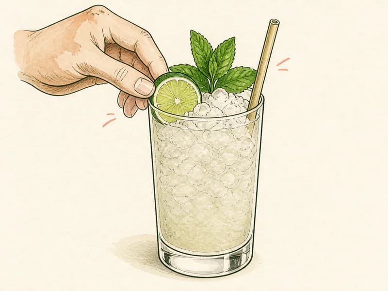 Instructional sketch: Finish the green drink in the highball glass with crushed ice with Mint Sprig, Straw.