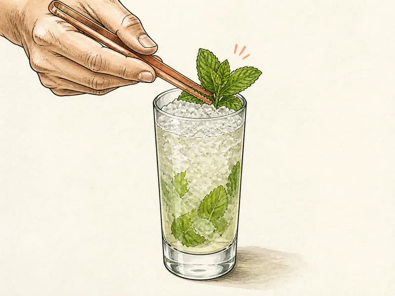 Instructional sketch: Finish the gold drink in the highball glass with crushed ice with Mint Sprig.