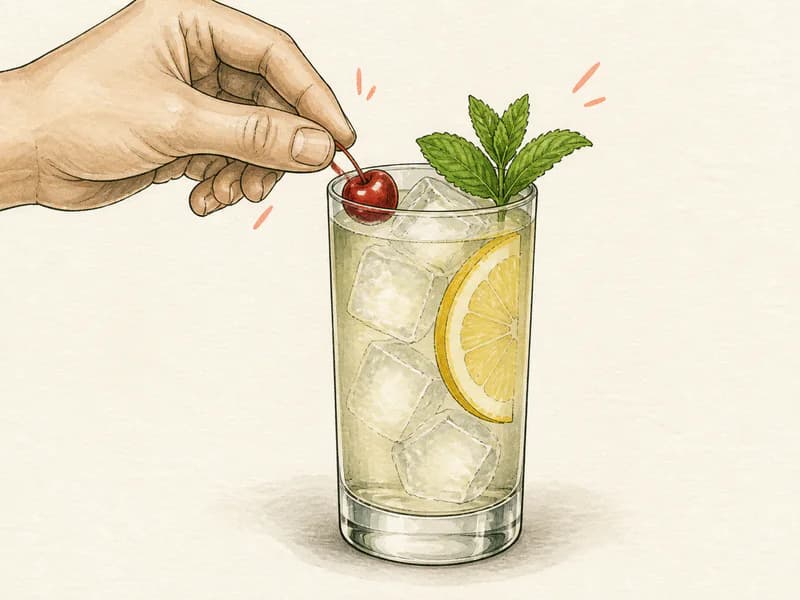 Instructional sketch: Finish the gold drink in the highball glass with cubed ice with Cherry, Inside Lemon Slice.