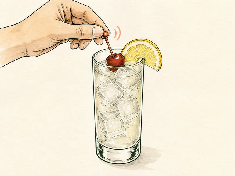 Instructional sketch: Finish the orange drink in the highball glass with cubed ice with Cherry, Lemon Slice.