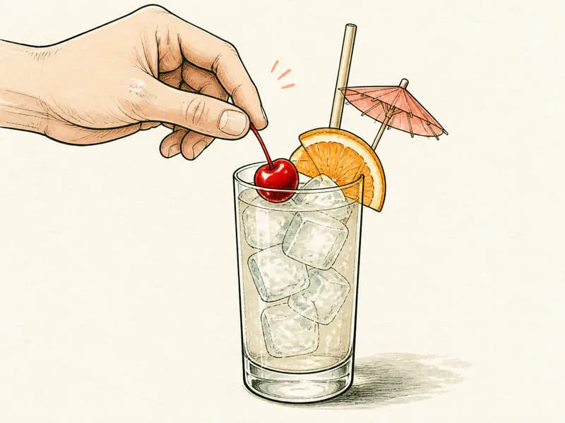 Instructional sketch: Finish the orange drink in the highball glass with cubed ice with Cherry, Orange Slice, Straw, Umbrella.
