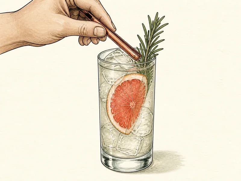 Instructional sketch: Finish the red drink in the highball glass with cubed ice with Inside Grapefruit Wheel.