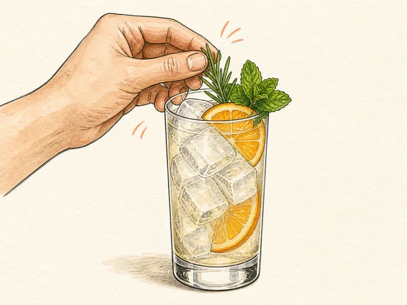Instructional sketch: Finish the orange drink in the highball glass with cubed ice with Inside Orange Slice.