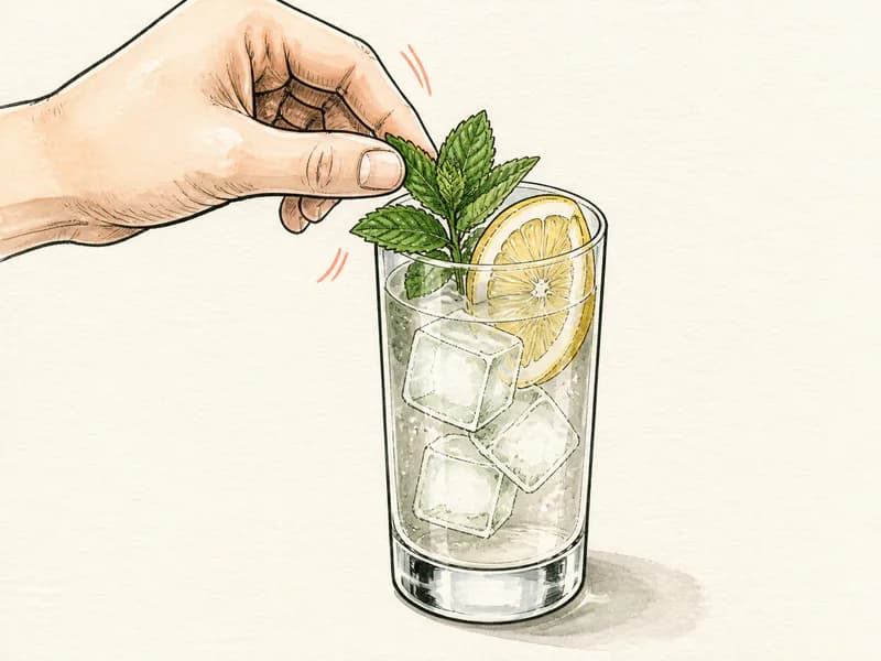 Instructional sketch: Finish the gold drink in the highball glass with cubed ice with Lemon Slice, Mint Sprig.