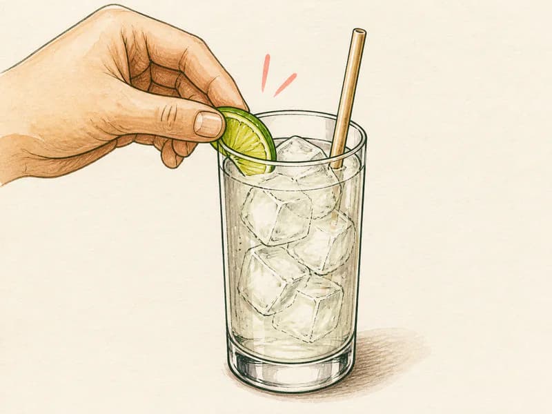 Instructional sketch: Finish the dark drink in the highball glass with cubed ice with Lime Wedge, Straw.