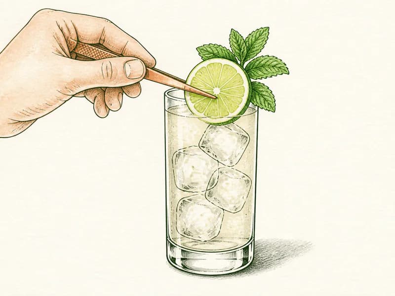Instructional sketch: Finish the orange drink in the highball glass with cubed ice with Lime Wheel.