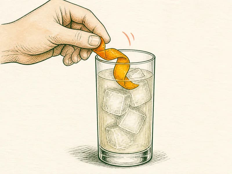 Instructional sketch: Finish the red drink in the highball glass with cubed ice with Orange Twist.