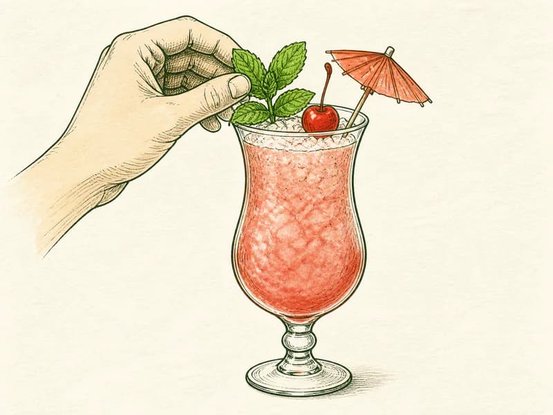 Instructional sketch: Finish the orange drink in the hurricane glass with crushed ice with Cherry, Mint Sprig, Umbrella.
