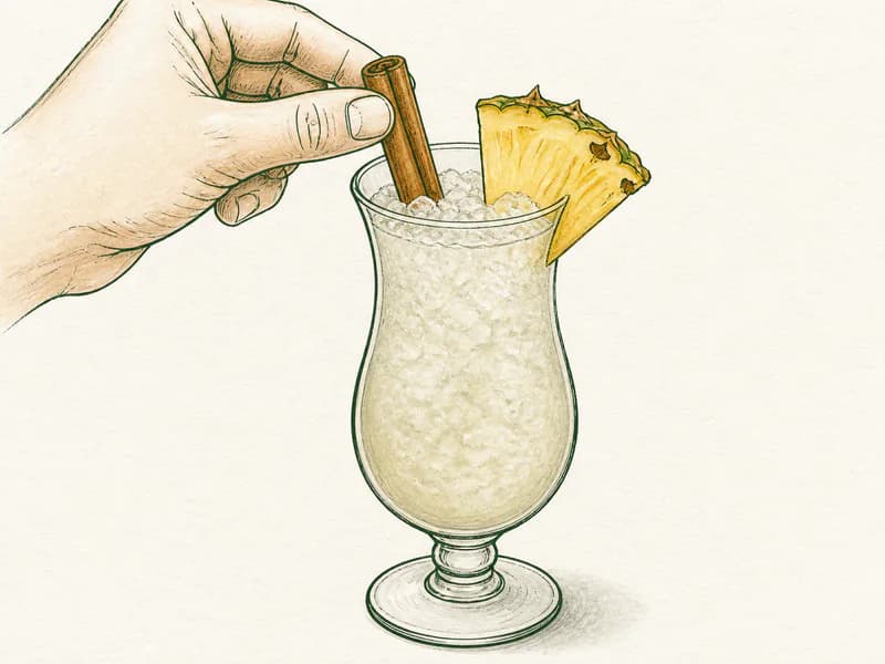 Instructional sketch: Finish the orange drink in the hurricane glass with crushed ice with Cinnamon Stick, Pineapple Wedge.
