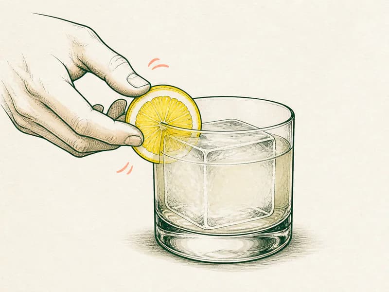 Instructional sketch: Finish the orange drink in the rocks glass with one large ice block with Lemon Slice.