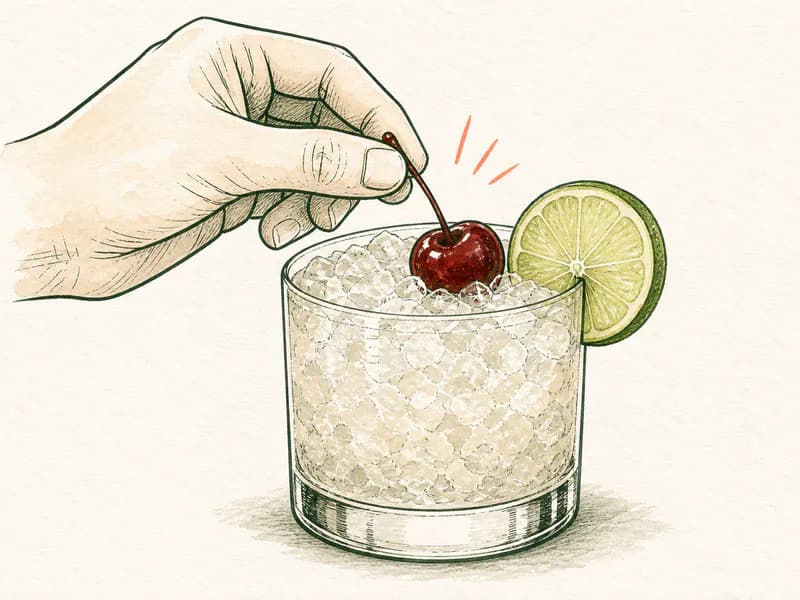 Instructional sketch: Finish the orange drink in the rocks glass with crushed ice with Cherry, Lime Wheel.