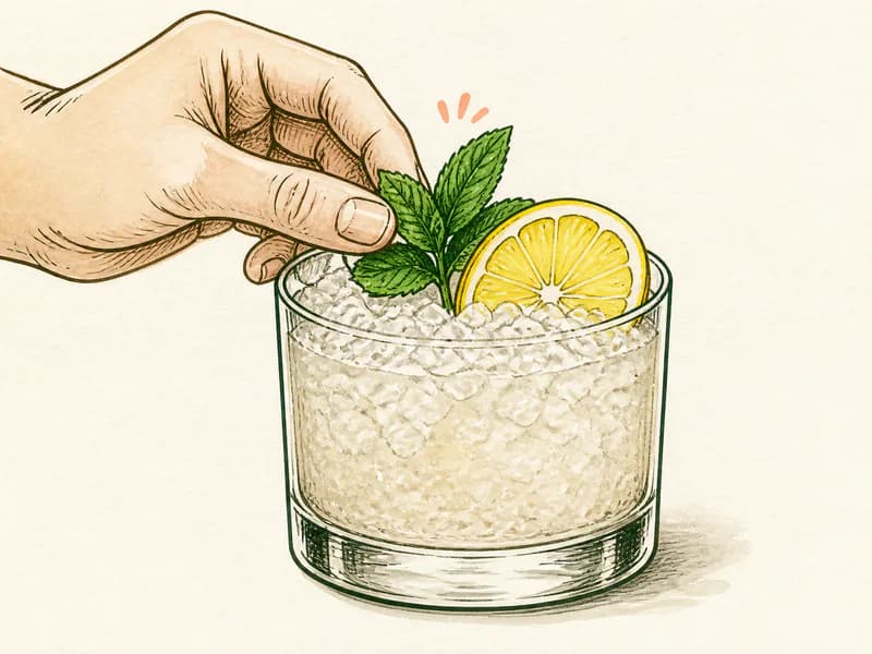 Instructional sketch: Finish the pink drink in the rocks glass with crushed ice with Lemon Slice, Mint Sprig.
