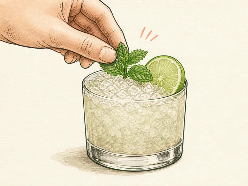 Instructional sketch: Finish the orange drink in the rocks glass with crushed ice with Lime Wheel, Mint Sprig.