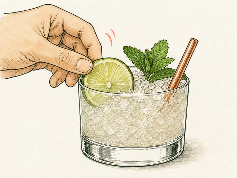 Instructional sketch: Finish the green drink in the rocks glass with crushed ice with Lime Wheel.