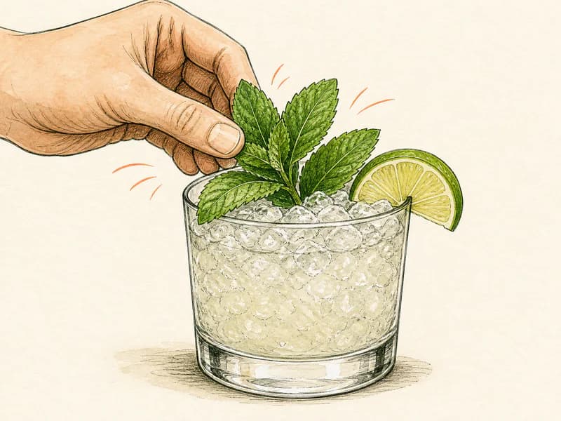 Instructional sketch: Finish the orange drink in the rocks glass with crushed ice with Mint Sprig.