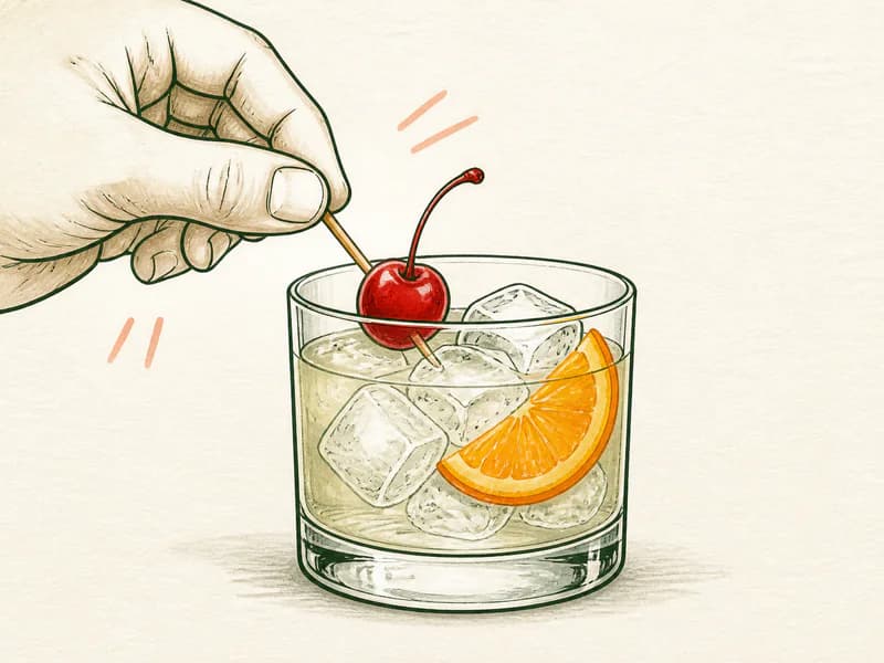 Instructional sketch: Finish the orange drink in the rocks glass with cubed ice with Cherry, Inside Orange Slice.