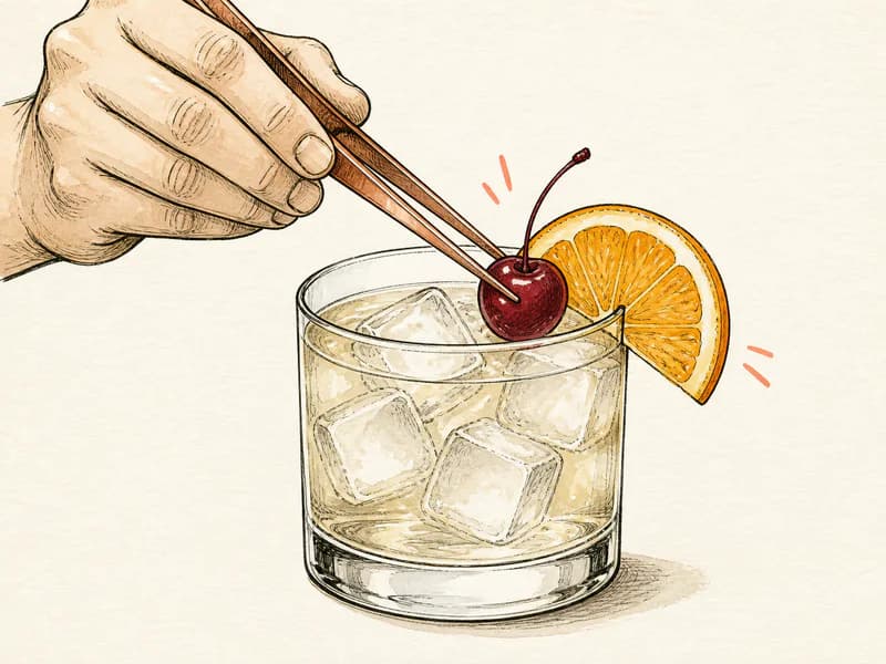 Instructional sketch: Finish the orange drink in the rocks glass with cubed ice with Cherry, Orange Slice.