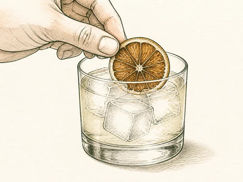 Instructional sketch: Finish the orange drink in the rocks glass with cubed ice with Dehydrated Wheel.