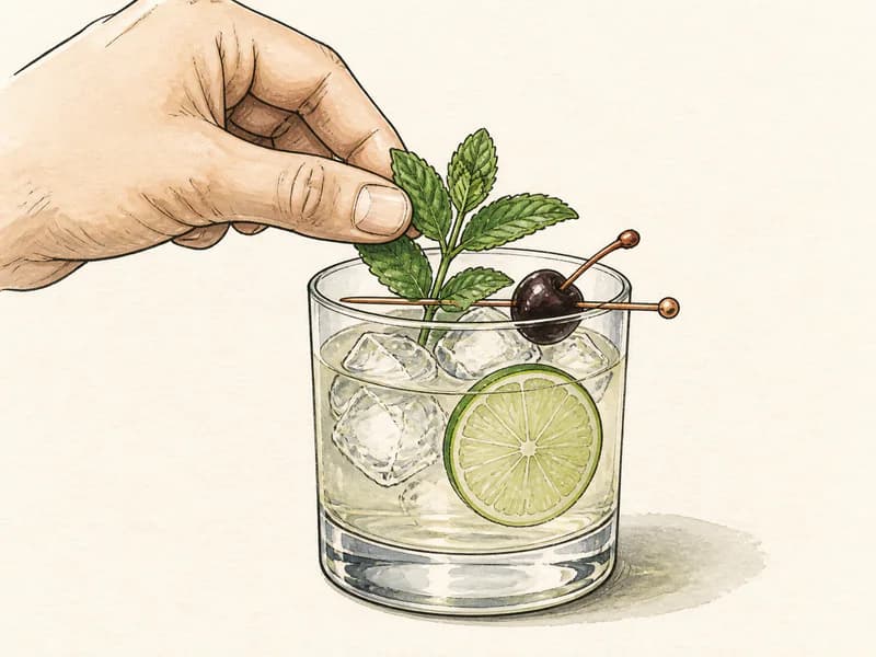Instructional sketch: Finish the green drink in the rocks glass with cubed ice with Inside Lime Wheel.