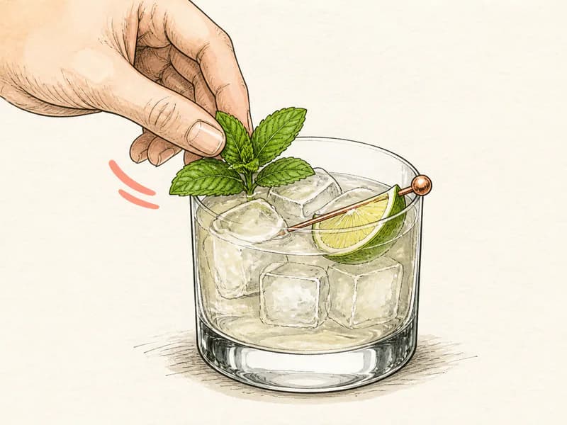 Instructional sketch: Finish the gold drink in the rocks glass with cubed ice with Mint Sprig.