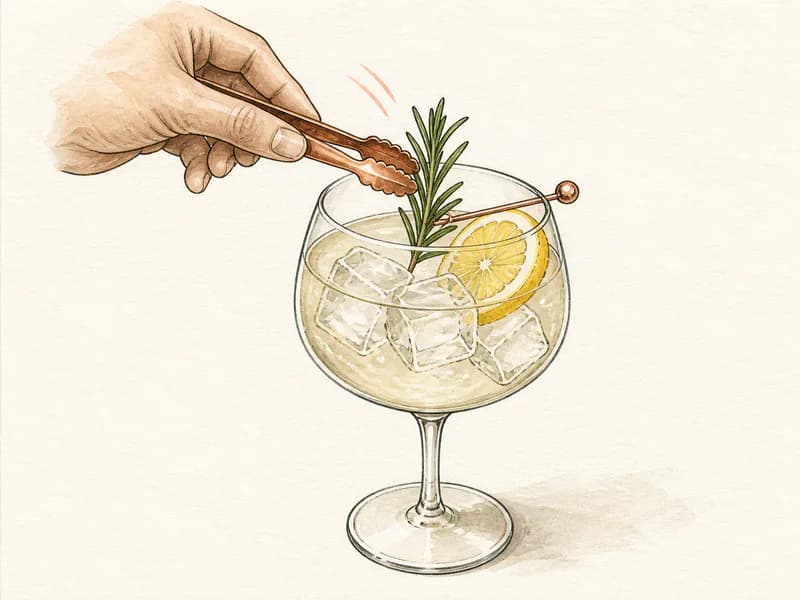 Instructional sketch: Finish the orange drink in the large wine glass with cubed ice with Lemon Slice.