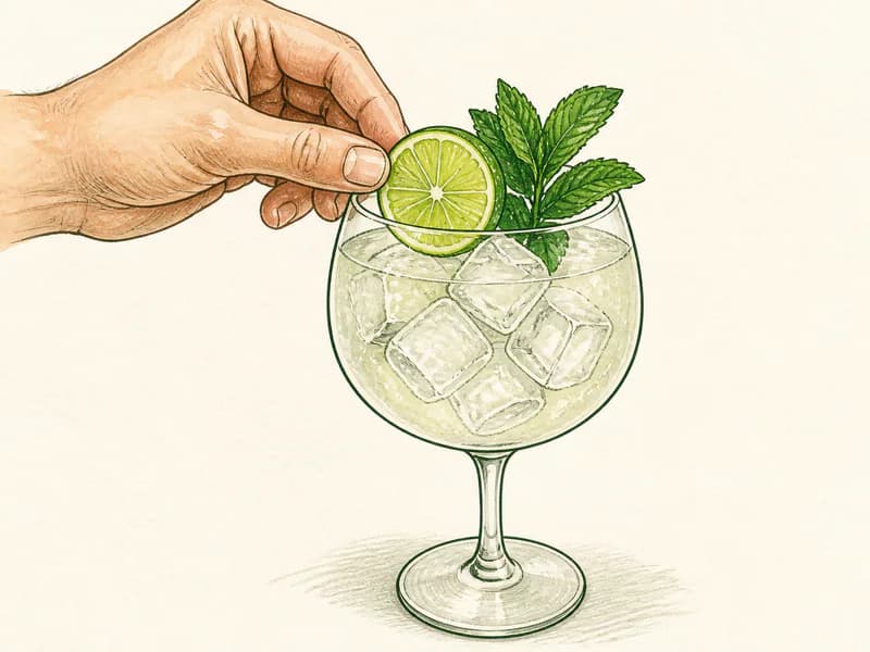 Instructional sketch: Finish the gold drink in the large wine glass with cubed ice with Lime Wheel, Mint Sprig.