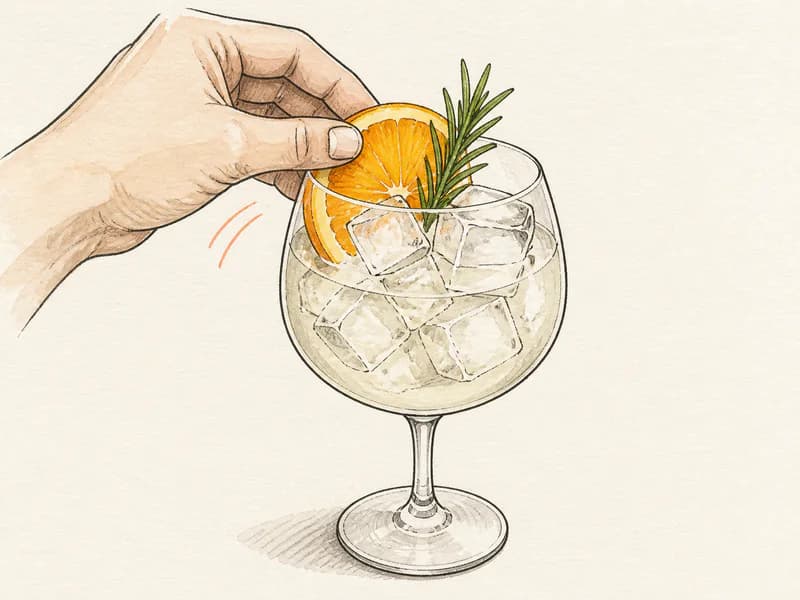 Instructional sketch: Finish the orange drink in the large wine glass with cubed ice with Orange Slice.