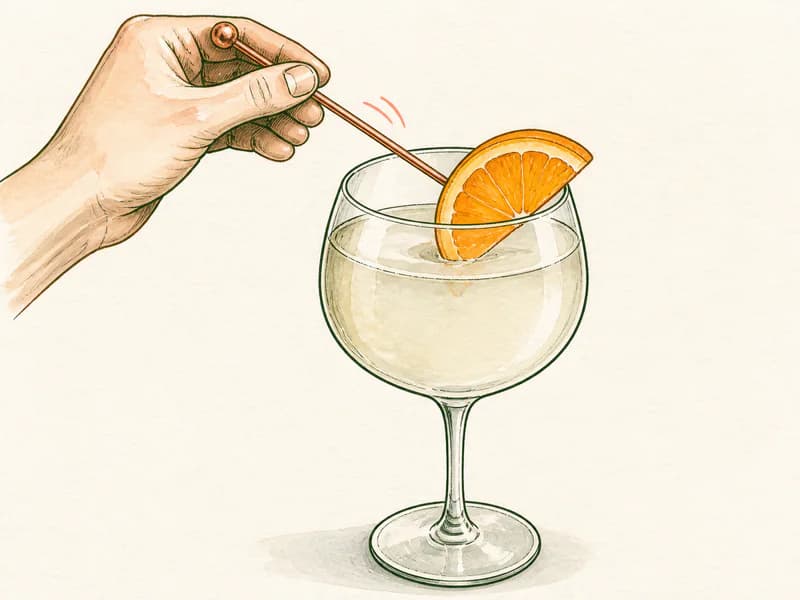 Instructional sketch: Finish the orange drink in the large wine glass without serving ice with Orange Slice.