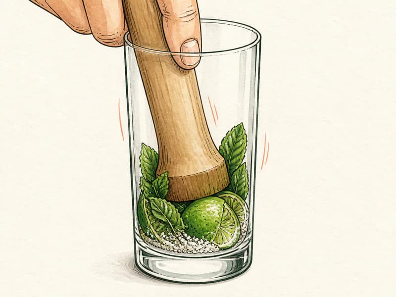 Instructional sketch: Gently muddle Lime Whole, Mint, Sugar in the highball glass.
