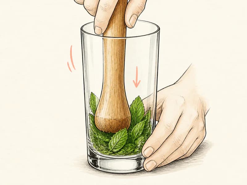 Instructional sketch: Gently muddle Mint in the highball glass.