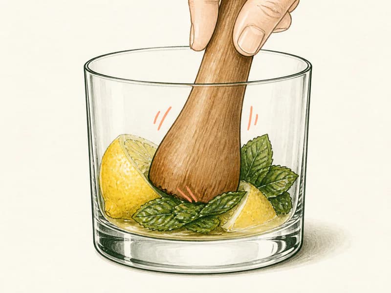 Instructional sketch: Gently muddle Lemon Whole, Mint, Simple Syrup in the rocks glass.