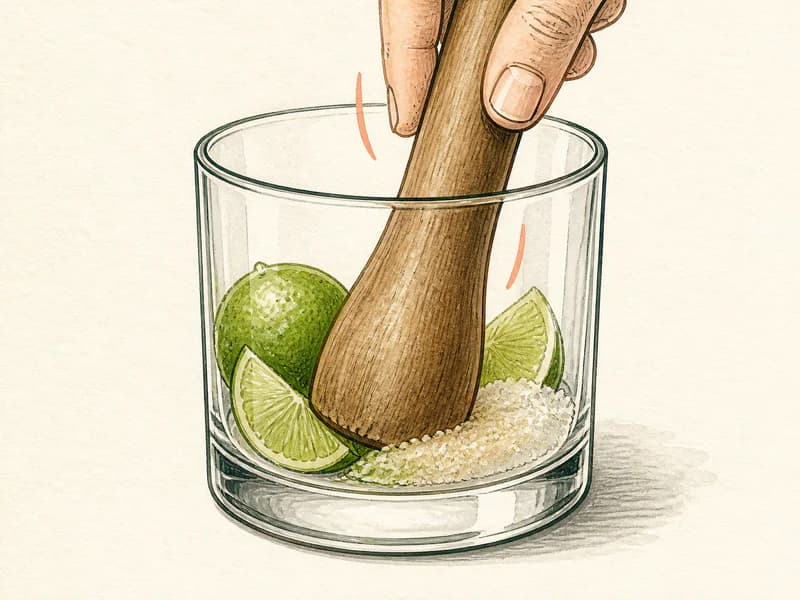Instructional sketch: Gently muddle Lime Whole, Sugar in the rocks glass.
