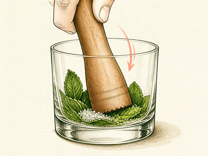 Instructional sketch: Gently muddle Mint, Sugar in the rocks glass.