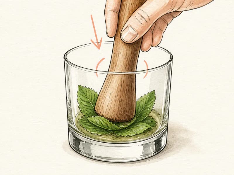 Instructional sketch: Gently muddle Mint in the rocks glass.