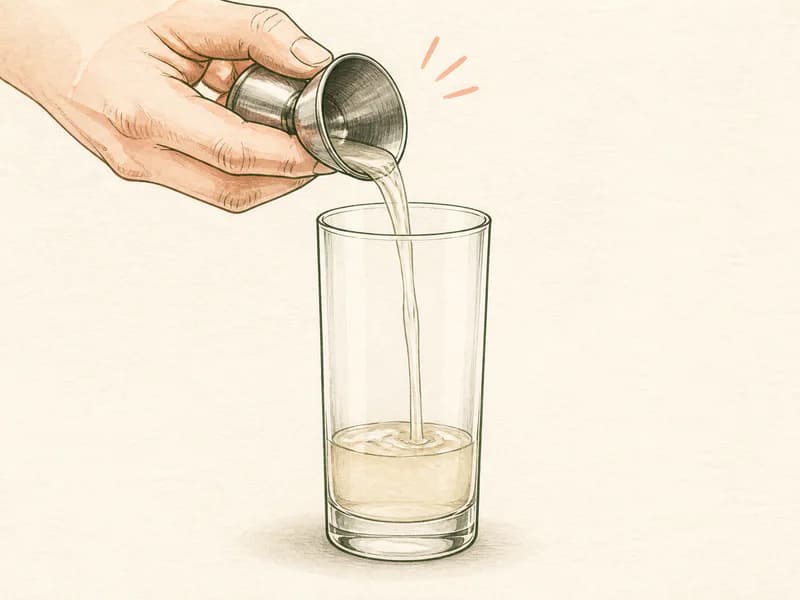 Instructional sketch: Measure and pour spirit vodka into the highball glass without serving ice.