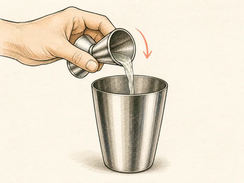 Instructional sketch: Measure and pour spirit vodka into the shaker tin without serving ice.