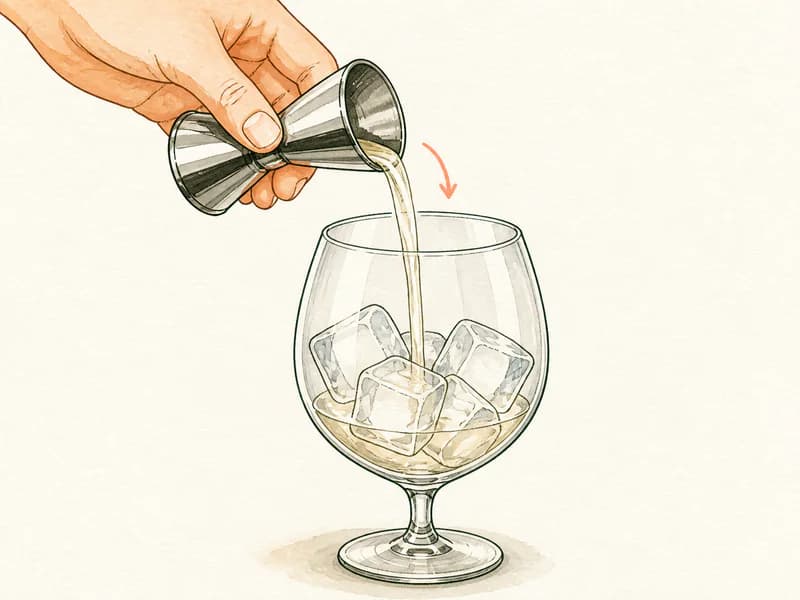 Instructional sketch: Measure and pour wine sparkling into the large wine glass with cubed ice.